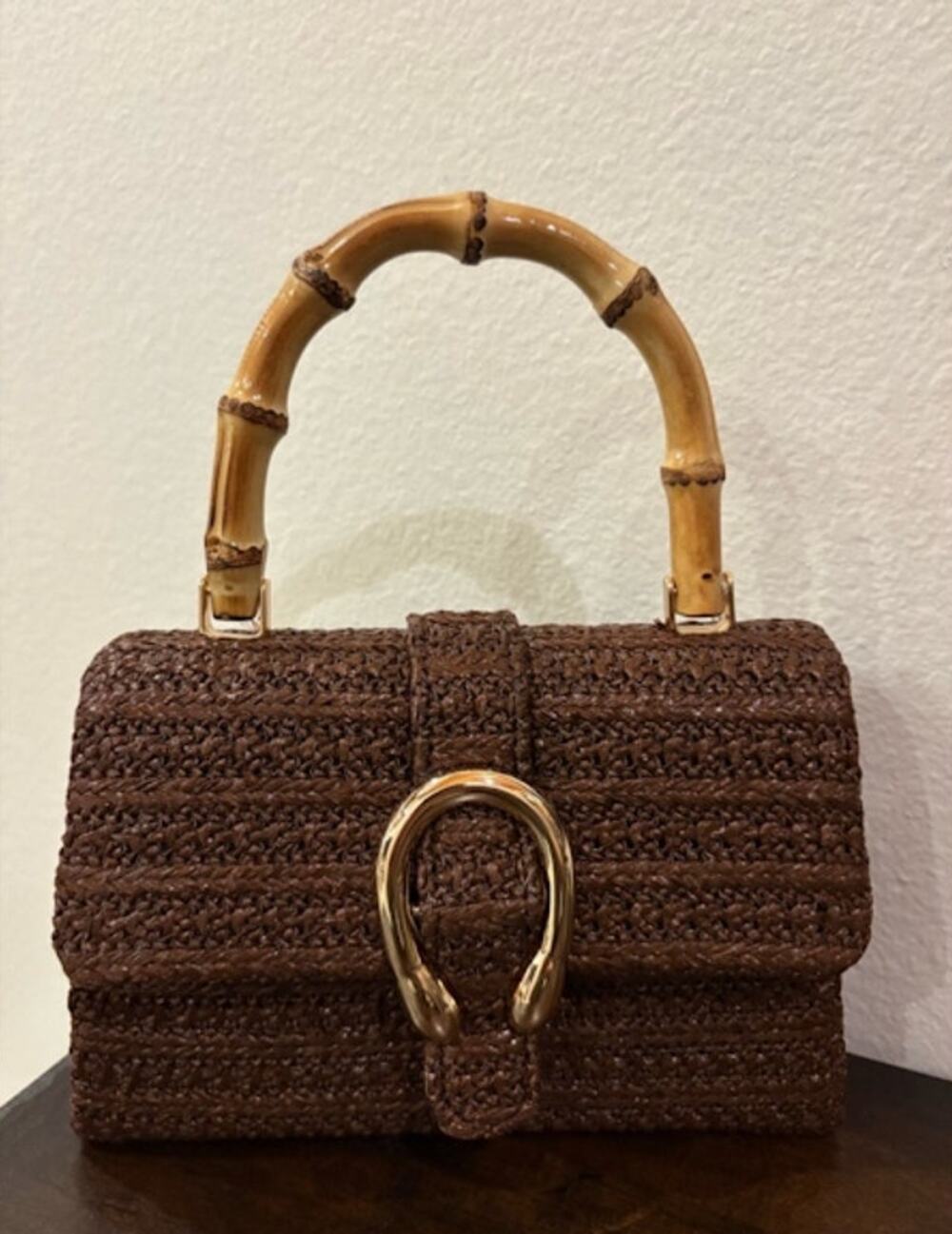Tommy Bahama Brown Woven Crossbody Bamboo Handle Gold Tone Horseshoe Chain NWT